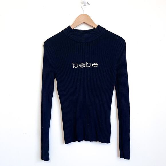 Vintage Y2K Bebe Bling Ribbed Sweater Size L Black Tight Rhinestone Mock Neck - Picture 1 of 9